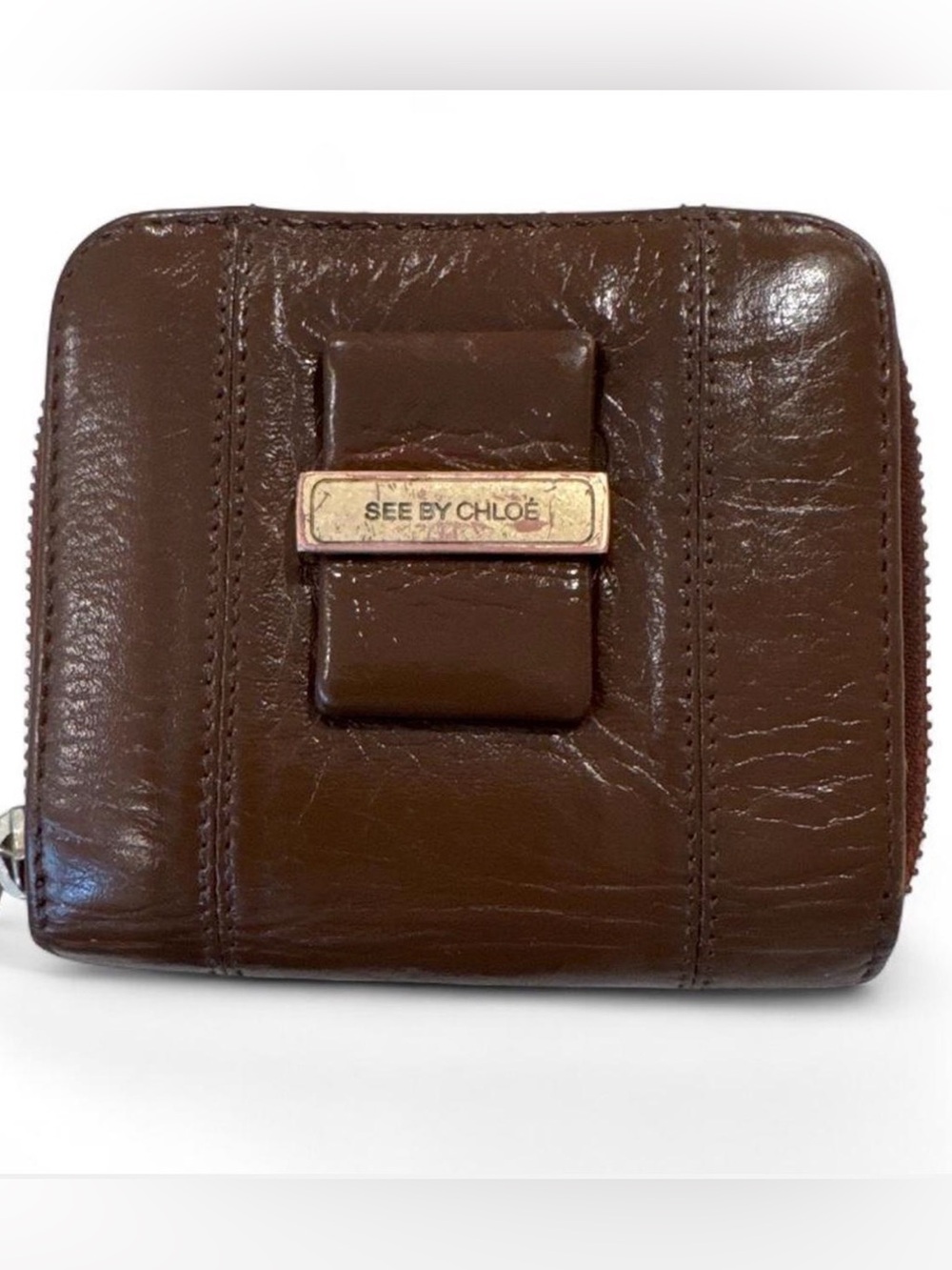 Authentic See by Chloé Zip-Around Wallet — Chocolate Brown Glazed Leather